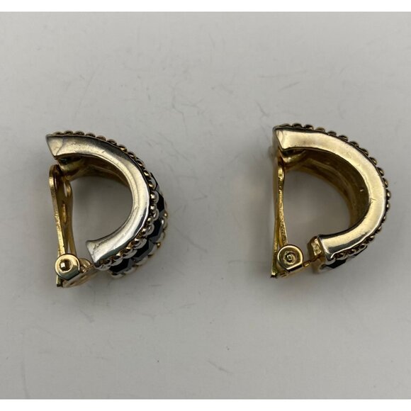 Vintage Clip-On Earrings Hoop Two Tone Black Faceted Glass Statement Chunky - Picture 4 of 10
